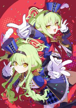 2girls absurdres black_boots black_skirt blue_archive blue_jacket blue_skirt boots buttons confetti diamond_(shape) epaulettes fang frilled_skirt frills gloves green_hair green_halo halo hat heart highres hikari_(blue_archive) jacket long_hair long_sleeves multicolored_skirt multiple_girls nozomi_(blue_archive) open_mouth pantyhose pellas_(panix2383) pointing pointy_ears puffy_long_sleeves puffy_sleeves red_ribbon ribbon siblings skirt smile tail twins twintails white_gloves white_pantyhose yellow_eyes