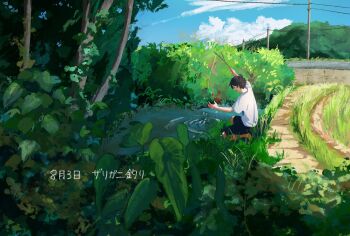 1boy black_hair black_shoes blue_sky bush cloud commentary_request crayfish day fishing from_side grass highres holding holding_stick i_salmon_7 kneeling male_focus nature open_mouth original outdoors path plant pond power_lines ripples road scenery shirt shoes short_hair short_sleeves sky slice_of_life stick sunlight t-shirt tree utility_pole water white_shirt wide_shot