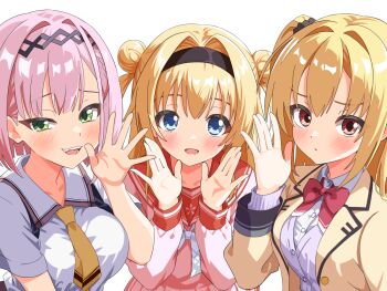 3girls :d \||/ arihara_nanami black_hairband blonde_hair blue_eyes blunt_ends blush bob_cut bow bowtie breasts cardigan cardigan_under_jacket chitose_sana collared_shirt commentary company_connection crossover double_bun frown furrowed_brow green_eyes hair_between_eyes hair_bun hair_intakes hairband hand_up hands_up jacket kikka_academy_school_uniform large_breasts long_hair long_sleeves looking_at_viewer medium_hair mizuka_academy_school_uniform multiple_crossover multiple_girls necktie open_clothes open_jacket open_mouth outstretched_hand parted_lips pink_hair pink_shirt purple_cardigan red_bow red_bowtie red_eyes red_sailor_collar riddle_joker sailor_collar school_uniform serafuku shirt short_sleeves simple_background sleeves_past_wrists smile smug tanikaze_amane tareme teeth tenshi_souzou_re-boot! tenshinranman trait_connection tsurime two_side_up upper_body white_background white_bow white_bowtie white_shirt yellow_jacket yellow_necktie yokoshima_akunusu yuzusoft