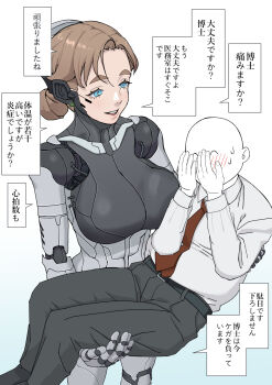 1boy 1girl android breasts brown_hair carrying commentary_request covering_face embarrassed hair_bun highres joints kimikahonma large_breasts looking_at_another metal_skin original pants princess_carry robot_girl robot_joints simple_background standing translation_request