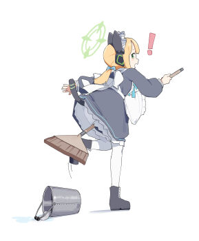 ! 1girl absurdres adon_(dufaladanidu) animal_ear_headphones animal_ears apron back_bow between_legs black_boots black_dress black_tail blonde_hair blue_archive blue_bow blush boots borrowed_clothes bow broom bucket cat_ear_headphones cat_ears cat_tail dress fake_animal_ears fake_tail frilled_apron frilled_dress frills from_behind full_body green_eyes green_halo hair_bow halo headphones highres holding holding_broom lifted_by_tail long_sleeves looking_at_viewer looking_back maid maid_apron maid_headdress medium_hair midori_(blue_archive) midori_(maid)_(blue_archive) motion_lines official_alternate_costume official_alternate_hairstyle open_mouth pantyhose parted_bangs ponytail profile puffy_long_sleeves puffy_sleeves sidelocks simple_background solo spilling standing standing_on_one_leg tail tail_raised water white_apron white_background white_bow white_headdress white_pantyhose