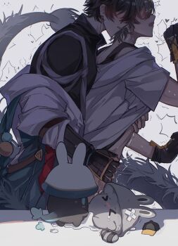 >_< 2boys absurdres black_hair blush caelus_(honkai:_star_rail) chinese_clothes chinese_commentary clothed_sex commentary_request dan_heng_(honkai:_star_rail) dan_heng_(permansor_terrae)_(honkai:_star_rail) dragon_boy dragon_tail fuyu_(xiaodongd2333) grey_hair hand_on_another's_stomach hat heart highres honkai:_star_rail honkai_(series) horns long_sleeves mini_hat multiple_boys open_mouth sex sex_from_behind short_sleeves sitting tail teeth trailblazer_(honkai:_star_rail) trembling