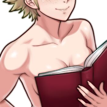 1girl blonde_hair boobs_in_book_(meme) book breasts eyes_out_of_frame fire_emblem fire_emblem_fates freckles head_out_of_frame holding holding_book meme nintendo open_book rotomdocs scarlet_(fire_emblem) short_hair simple_background small_breasts smile solo upper_body very_short_hair white_background