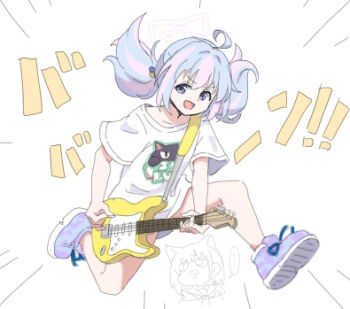 ... 1girl :d animal_ears band_shirt blue_archive blue_hair blue_shoes cat_ears chibi chibi_inset commentary_request cosplay disgust electric_guitar emphasis_lines full_body furrowed_brow guitar halo holding holding_guitar holding_instrument holding_plectrum instrument jumping kazusa_(band)_(blue_archive) kazusa_(blue_archive) kazusa_(blue_archive)_(cosplay) looking_to_the_side lowres merchandise multicolored_hair multicolored_shoes nyaru_(nyaru_4126) open_mouth peanut_mouth pink_hair pink_halo plectrum pose_request print_shirt purple_eyes purple_shoes reisa_(blue_archive) shirt shoes short_sleeves simple_background smile sound_effects speech_bubble spoken_ellipsis star_halo t-shirt tareme twintails two-tone_hair two-tone_shoes white_background white_shirt wide_sleeves