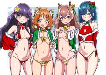 arms_behind_back asortofcolorfag bell bikini blue_eyes blue_hair blush breasts brown_hair cameltoe capelet closed_mouth commentary commentary_request cropped_jacket delicious_party_precure double_v english_commentary eyebrows_hidden_by_hair fake_antlers flat_chest fur-trimmed_capelet fur-trimmed_jacket fur_trim fuwa_kokone gluteal_fold gold_bikini gold_bra gold_panties groin hair_ornament hair_rings hairclip hanamichi_ran hands_on_own_chest highres jacket kasai_amane large_variant_set lips long_hair looking_at_viewer medium_hair micro_panties mixed-language_commentary miyagoe_yoshitsuki nagomi_yui navel neck_bell open_mouth orange_hair panties precure purple_hair red_eyes red_panties small_breasts smile stomach swimsuit thigh_gap underwear v variant_set