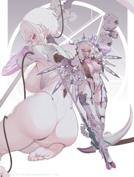 1girl ass back barefoot breasts cleavage eyeliner full_body highres holding holding_scythe holding_weapon horns large_breasts long_hair looking_at_viewer makeup mask mecha_musume mechanical_spine mechanical_wings multiple_views navel original pasties plug purple_eyes revealing_clothes scythe short_hair sitting suerte weapon white_hair wings yokozuwari
