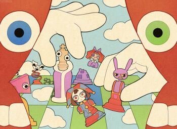 3boys 4girls :d asymmetrical_eyes black_eyes blue_eyes blue_sky broken broken_mask brown_hair caine_(the_amazing_digital_circus) checkered_floor chess_piece cloud coat colored_sclera colored_skin colored_teeth comedy_and_tragedy_masks commentary dentures dress english_commentary everyone fur-trimmed_coat fur_trim gangle_(the_amazing_digital_circus) gloves green_eyes grid_teeth hat hat_bell heterochromia highres holding holding_chess_piece jax_(the_amazing_digital_circus) jester jester_cap king_(chess) kinger_(the_amazing_digital_circus) mask multiple_boys multiple_girls open_mouth overalls pomni_(the_amazing_digital_circus) puffy_sleeves purple_coat purple_dress purple_skin rabbit_boy ragatha_(the_amazing_digital_circus) red_eyes red_hair red_overalls robe sky smile striped_clothes striped_headwear taffimaya teeth the_amazing_digital_circus vertical-striped_clothes vertical-striped_headwear white_gloves yellow_sclera yellow_teeth zooble_(the_amazing_digital_circus)