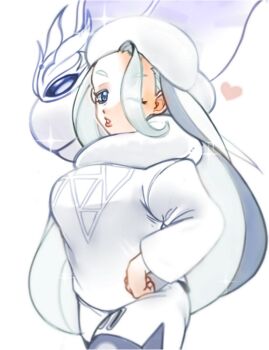 Rule 34 | 1girl, antennae, blue eyes, breasts, brilliant unko, bug, colored skin, earrings, frosmoth, fur collar, fur hat, gen 8 pokemon, hand on own hip, hat, heart, highres, insect, jewelry, large breasts, long hair, long sleeves, mature female, melony (pokemon), moth, nintendo, one eye closed, pantyhose, pantyhose under shorts, pearl earrings, pokemon, pokemon (creature), pokemon swsh, shorts, side slit, side slit shorts, sweater, ushanka, white hat, white skin, white sweater