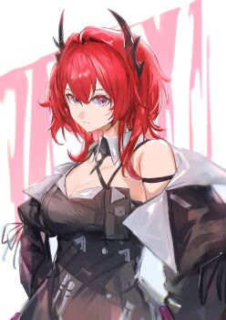 1girl absurdres arknights arknights:_endfield arm_strap black_dress black_horns black_jacket breasts cleavage closed_mouth commentary_request dress hair_between_eyes hair_intakes highres horns jacket laevatain_(arknights) long_hair looking_at_viewer medium_breasts off_shoulder partial_commentary purple_eyes red_hair solo sudadachi surtr_(arknights) unamused upper_body