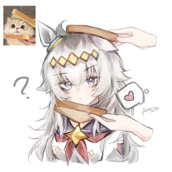 1girl animal_ears blue_eyes blue_sailor_collar blush cat closed_mouth commentary disembodied_hand doktahzaki grey_hair heart highres horse_ears horse_girl meme neckerchief oguri_cap_(starlight_beat)_(umamusume) oguri_cap_(umamusume) red_neckerchief sailor_collar shirt solo spoken_heart umamusume white_shirt