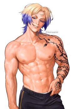 1boy abs arm_tattoo blonde_hair blue_eyes blue_hair blue_lock closed_mouth collarbone cowboy_shot eyeliner flower_tattoo gradient_hair hand_tattoo highres keiraamii lips looking_at_viewer makeup male_focus male_underwear male_underwear_peek michael_kaiser multicolored_hair muscular muscular_male navel neck_tattoo nipples pectorals red_eyeliner shorts simple_background solo tattoo teeth topless_male twitter_username two-tone_hair underwear veins veiny_arms white_background