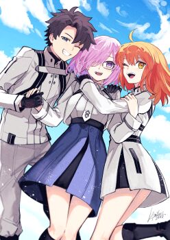 1boy 2girls ahoge black_gloves black_hair black_shorts blue_eyes blue_skirt blue_sky blush boots breasts commentary_request cropped_jacket fate/grand_order fate_(series) fujimaru_ritsuka_(female) fujimaru_ritsuka_(female)_(decisive_battle_chaldea_uniform) fujimaru_ritsuka_(male) glasses gloves grey_pants grin hair_over_one_eye high-waist_skirt highres jacket kimidorix32 knee_boots large_breasts long_sleeves looking_at_viewer mash_kyrielight mash_kyrielight_(chaldea_uniform) medium_breasts multiple_girls necktie one_eye_closed open_mouth orange_eyes orange_hair pants pink_hair purple_eyes shirt short_hair shorts skirt sky smile thighs white_jacket white_shirt