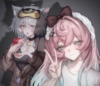 2girls :o animal_ears aqua_hair black_camisole black_choker blue_eyes breasts brown_sweater camisole cat_ears cat_girl choker cipher_(honkai:_star_rail) cipher_(sweet_slumber)_(honkai:_star_rail) cleavage commentary english_commentary food grey_hair highres holding holding_food honkai:_star_rail honkai_(series) hyacine_(honkai:_star_rail) hyacine_(sweet_slumber)_(honkai:_star_rail) long_hair looking_at_viewer multicolored_hair multiple_girls official_alternate_costume pink_hair sakurayru short_hair sleep_mask smile sweater two-tone_hair v very_long_hair