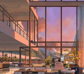 1boy absurdres chair clock cloud commentary desk digital_clock english_commentary gradient_sky highres indoors monitor mountain multiple_monitors original plant potted_plant railing recursion reflective_floor refraction scenery sin_jonghun sky solo sunset table vase vertical_monitor wide_shot window