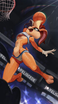 1girl animal_ears animal_nose ball basketball basketball_(object) breasts commentary english_commentary feliscede furry furry_female gloves green_eyes highres holding holding_ball jumping lola_bunny looney_tunes navel no_bra open_mouth patreon patreon_logo patreon_username rabbit_ears rabbit_girl slam_dunk_(basketball) solo_focus space_jam teeth underboob upshirt white_gloves