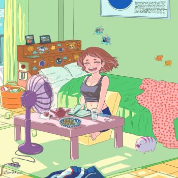 Rule 34 | 1girl, artist name, bare shoulders, bed, bedroom, blush stickers, boku no hero academia, book, breasts, cleavage, closed eyes, collarbone, commentary, cup, dismaiden, electric fan, english commentary, grey tail, highres, holding, holding unworn clothes, indoors, laundry basket, medium breasts, midriff, navel, open book, open mouth, pillow, sitting, solo, sticker, table, uraraka ochako