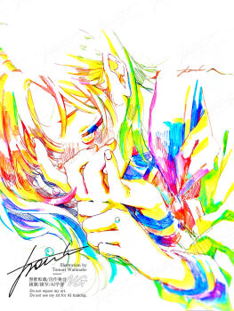 1girl artist_name blush closed_eyes colorful highres long_hair long_sleeves lying original school_uniform serafuku signature solo tears traditional_media watanabe_tomari watermark