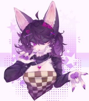 1girl ahoge animal_ears animal_hands animal_nose black_fur black_hair black_sweater breasts cat_ears cat_girl checkered_tube_top claws cleavage commentary commission cropped_shoulders fangs fluffy furry furry_female gem gradient_hair grin hair_ornament heart heart_hair_ornament heart_necklace highres jewelry large_breasts long_sleeves medium_hair multicolored_hair necklace neku_boo one_eye_closed open-chest_sweater original pawpads profanity purple_eyes purple_hair smile snout solo strapless sweater text_hair_ornament tube_top typo