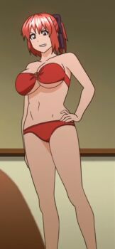 1girl angry anime_screenshot bandeau_bikini bikini breasts cleavage female_focus highres long_hair maken-ki! maken-ki!_two navel o-ring o-ring_bikini o-ring_top ponytail red_bikini red_hair rokujou_minori strapless strapless_bikini swimsuit third-party_edit