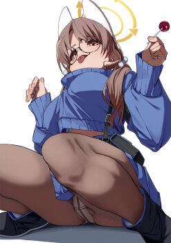 1girl animal_ears black_pantyhose blue_archive blue_skirt blue_sweater bra bra_peek breasts candy commentary_request cropped_sweater fake_animal_ears food fu-ta green_halo hair_ornament halo highres holding holding_candy holding_food holding_lollipop large_breasts lollipop looking_at_viewer low_twintails moe_(blue_archive) panties panties_under_pantyhose pantyhose pantyshot pom_pom_(clothes) pom_pom_hair_ornament round_eyewear skirt solo squatting sweater tongue tongue_out twintails underwear white_background white_panties yellow_halo