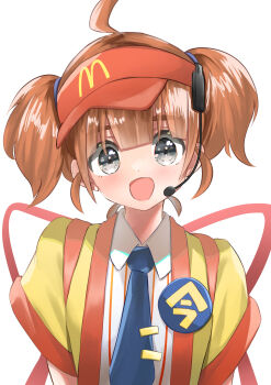 1girl absurdres ahoge blue_necktie blush brown_hair collared_shirt commentary_request forge_saikyo grey_eyes highres imadake_dabuchi_tabemi jacket looking_at_viewer mcdonald's necktie open_mouth red_visor shirt short_hair short_sleeves short_twintails simple_background smile solo striped_clothes striped_shirt twintails upper_body vertical-striped_clothes vertical-striped_shirt visor_cap white_background white_shirt yellow_jacket