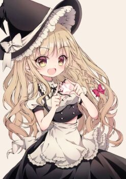 Rule 34 | 1girl, :d, apron, back bow, black hat, black ribbon, black skirt, black vest, blonde hair, bow, braid, breasts, buttons, commentary request, cowboy shot, double-breasted, frilled shirt collar, frills, grey background, hat, hat bow, hat ribbon, kirisame marisa, long hair, looking at viewer, medium breasts, neck ribbon, open mouth, puffy short sleeves, puffy sleeves, ribbon, rimei, shirt, short sleeves, side braid, simple background, single braid, skirt, smile, solo, standing, touhou, very long hair, vest, waist apron, white apron, white bow, white ribbon, white shirt, witch hat, yellow eyes