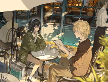 Rule 34 | 1boy, 1girl, 2others, alternate costume, animal ears, arknights, bad anatomy, bad hands, bag, black hair, black pants, blonde hair, blue eyes, blurry, blurry foreground, brother and sister, brown jacket, brown pants, building, cafe, coat, cup, dog ears, feather hair, feet out of frame, full body, green coat, grey eyes, highres, holding, holding menu, jacket, kasumi yuzuha, la pluma (arknights), long sleeves, looking at another, menu, menu board, multiple others, open mouth, outdoors, pants, patio umbrella, saucer, shirt, shopping bag, short hair, siblings, sitting, sleeves past wrists, sleeves rolled up, standing, sunlight, table, tequila (arknights), umbrella, white shirt, window