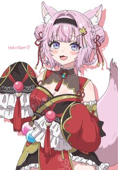 1girl animal_ears black_bow black_hairband blue_eyes blush bow braid braided_hair_rings breasts character_name cleavage double_bun dress fang hair_bun hair_intakes hair_rings hairband hakui_koyori highres hololive large_breasts long_sleeves looking_at_viewer medium_hair multicolored_eyes nyanmeru0094 open_mouth pink_hair pink_tail purple_eyes red_dress red_sleeves simple_background sleeves_past_fingers sleeves_past_wrists smile solo tail two-tone_eyes virtual_youtuber white_background wolf_ears wolf_girl wolf_tail