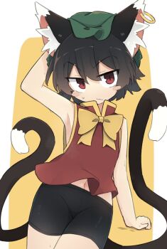 1girl armpits bare_arms bike_shorts chen commentary_request double-parted_bangs fang flat_chest navel nekomata red_vest ro_74 simple_background skin_fang solo touhou vest