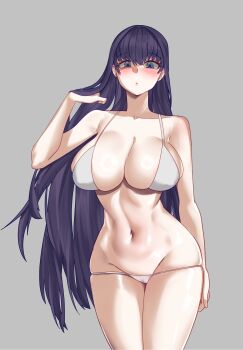 Rule 34 | 1girl, :o, bikini, blush, breasts, commentary, elflorri, hand in own hair, highres, korean commentary, large breasts, long hair, looking at viewer, micro bikini, navel, original, purple hair, simple background, skindentation, solo, stomach, straight hair, string bikini, swimsuit, very long hair, white bikini