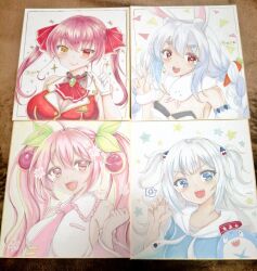 :d ahoge animal_ear_fluff animal_ears bare_shoulders black_leotard bloop_(gawr_gura) blue_hair blue_hoodie blue_nails braid breasts brown_eyes brown_leotard carrot_hair_ornament claw_pose closed_mouth collared_shirt commentary_request detached_sleeves don-chan_(usada_pekora) drawstring dress food-themed_hair_ornament frilled_shirt_collar frills gawr_gura gawr_gura_(1st_costume) hair_between_eyes hair_ornament hand_up hatsune_miku heterochromia hololive hololive_english hood hood_down hoodie houshou_marine houshou_marine_(1st_costume) jacket large_breasts leotard leotard_under_clothes long_sleeves medium_breasts multicolored_hair nail_polish necktie open_mouth photo_(medium) pink_eyes pink_hair pink_necktie puffy_short_sleeves puffy_sleeves rabbit-shaped_pupils rabbit_ears red_eyes red_hair red_jacket sakura_miku see-through_cleavage see-through_clothes shikishi shirt short_eyebrows short_sleeves sleeveless sleeveless_jacket sleeveless_shirt smile strapless strapless_dress strapless_leotard symbol-shaped_pupils terimuku thick_eyebrows tie_clip traditional_media twin_braids twintails two-tone_hair upper_body usada_pekora usada_pekora_(1st_costume) v virtual_youtuber vocaloid white_dress white_hair white_shirt white_sleeves