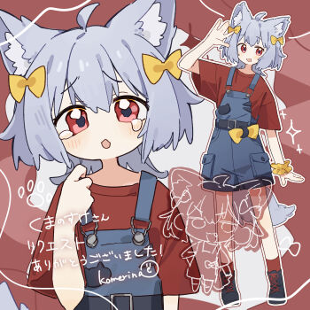 1girl :3 :d :o absurdres ahoge animal_ear_fluff animal_ears arm_up artist_name belt black_belt black_shoes blue_overalls blush bow chibi commentary commission flat_chest fox_ears fox_girl fox_tail full_body grey_hair hair_between_eyes hair_bow hand_up head_tilt highres komerina looking_at_viewer multiple_views no_nose open_mouth original overall_shorts overalls paw_print raised_inner_eyebrows red_background red_eyes red_shirt red_socks sad scrunchie shirt shoes short_hair short_sleeves shorts sidelocks signature smile socks standing star_(symbol) suspender_shorts suspenders t-shirt tail tearing_up translated upper_body waving white_background wide_sleeves wrist_scrunchie yellow_bow yellow_scrunchie