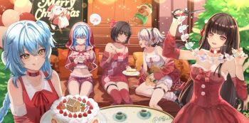 5girls :q abby_(wuthering_waves) absurdres balloon bare_shoulders black_hair blue_hair bow breasts buling_(wuthering_waves) cake camellya_(wuthering_waves) chisa_(wuthering_waves) choker closed_mouth commentary crop_top cup dress earmuffs english_commentary female_rover_(wuthering_waves) food grey_hair hair_between_eyes hair_bow hair_ribbon highres holding holding_cup holding_stuffed_toy indoors long_hair looking_at_another medium_breasts merry_christmas midriff multiple_girls namipon_(wuthering_waves) open_mouth pink_bow red_choker red_dress red_ribbon red_thighhighs ribbon rover_(wuthering_waves) shirt shorekeeper_(wuthering_waves) shorts signature smile stuffed_animal stuffed_toy thigh_strap thighhighs thighs tongue tongue_out white_shirt white_shorts wuthering_waves yilubixi