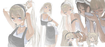 3girls absurdres apron arm_support arms_behind_head bare_arms bare_shoulders blonde_hair blue_eyes blush brown_hair choker clip_studio_paint_(medium) closed_eyes closed_mouth commentary ear_piercing eating feet_out_of_frame grey_apron hands_up highres holding holding_plate holding_spoon jin_yu0810 looking_at_another looking_to_the_side looking_up multiple_girls multiple_views original piercing plate ponytail short_shorts shorts simple_background spoon symbol-only_commentary tank_top twintails tying_hair upper_body white_background white_choker white_shorts white_tank_top yellow_eyes