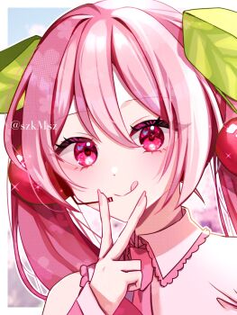 1girl :q cherry_blossoms cherry_hair_ornament closed_mouth collared_shirt commentary_request fingernails food-themed_hair_ornament frilled_shirt_collar frills hair_between_eyes hair_ornament hatsune_miku heart heart_in_eye highres long_hair looking_at_viewer nail_polish necktie pink_eyes pink_hair pink_necktie sakura_miku shirt sleeveless sleeveless_shirt smile solo symbol_in_eye szmymsz tongue tongue_out twitter_username v very_long_hair vocaloid white_shirt