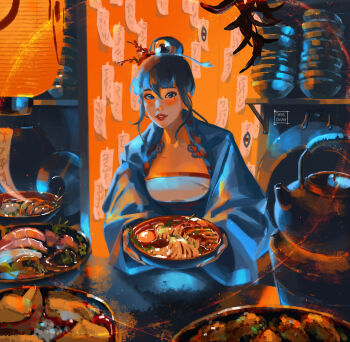 1girl blue_eyes blush bowl breasts commentary english_commentary food highres holding holding_bowl lantern large_breasts looking_at_viewer mole mole_under_eye original paid_reward_available paper_lantern parted_lips solo tatti_art witch_(tatti_art)