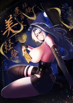 1girl absurdres ahoge areola_slip arm_support asymmetrical_gloves bird bird_on_hand black_bird black_gloves blush breasts brown_thighhighs commentary_request fingerless_gloves gloves grey_hair hair_between_eyes hair_ornament hairpin half-closed_eye high-waist_shorts highres holding holding_ofuda large_breasts long_hair looking_at_viewer moon moonlight night ofuda open_window shorts single_hair_intake single_thighhigh sitting skindentation solo sweatdrop syorai_pirato thigh_strap thighhighs translation_request uneven_gloves window yellow_eyes yixuan_(zenless_zone_zero) zenless_zone_zero