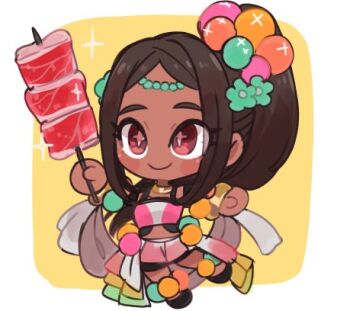 1girl bracelet commentary_request dark-skinned_female dark_skin eyeliner fire_emblem fire_emblem_engage jewelry looking_at_viewer lowres makeup meat_skewer nintendo pearl_anklet pearl_belt pearl_bracelet pearl_hair_ornament pink_eyeliner smile solo star-shaped_pupils star_(symbol) symbol-shaped_pupils tamatamariso85 timerra_(fire_emblem)