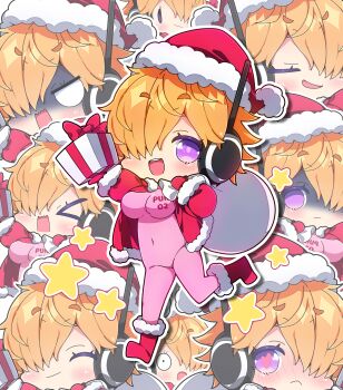 >_< 1girl :d ^_^ absurdres blank_eyes blush bodysuit boots box chibi chibi_only christmas closed_eyes closed_mouth commentary covered_navel drop_shadow frown full_body fur-trimmed_boots fur-trimmed_headwear fur-trimmed_jacket fur-trimmed_sleeves fur_trim gift gift_box gloves hair_over_one_eye hat heart heart-shaped_pupils highres holding holding_gift jacket long_sleeves looking_at_viewer milkpanda multiple_views one_piece open_clothes open_jacket open_mouth orange_hair outline pink_bodysuit purple_eyes red_boots red_gloves red_hat red_jacket santa_costume santa_hat shaded_face short_hair smile standing standing_on_one_leg star_(symbol) symbol-shaped_pupils thick_eyebrows vegapunk_lilith white_outline wide-eyed