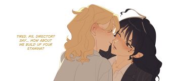 2girls absurdres after_kiss black_eyes black_hair black_jacket blonde_hair blush chocoyanstickz commentary ear_blush earrings english_commentary english_text female_trainer_(umamusume) highres jacket jewelry kashimoto_riko long_hair looking_at_another multiple_girls original parted_lips saliva saliva_trail shirt simple_background trainer_(umamusume) umamusume white_background white_shirt yuri