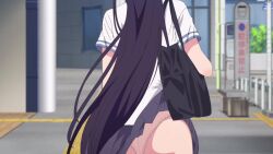 1girl 6+boys accidental_exposure animated anime_screenshot ass bag black_hair breasts butt_crack cellphone clothes_lift colored_inner_hair hair_between_eyes haite_kudasai_takamine-san handbag highres huge_ass large_breasts multicolored_hair multiple_boys necktie outdoors panties pants phone pink_panties purple_hair red_eyes red_necktie reflection school_uniform shirota_takashi shirt sidelocks skirt skirt_lift socks sound tagme takamine_takane thighs underwear video walking wardrobe_malfunction white_shirt