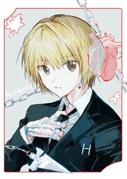 1boy black_jacket black_necktie border closed_mouth collared_shirt commentary earrings grey_eyes hand_chains heart_(organ) hunter_x_hunter jacket jewelry kurapika looking_at_viewer male_focus necktie parted_lips sevenlistening shirt solo suit_jacket symbol-only_commentary teeth white_border white_shirt