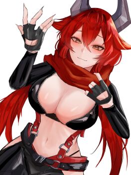 antenna_hair blush breasts cleavage clothes_grab fingerless_gloves gloves goddess_of_victory:_nikke highres horns jacket large_breasts leather leather_jacket leather_pants long_hair looking_at_viewer midriff navel neckwear_grab open_mouth pants pulling_own_clothes red_hair red_hood_(nikke) red_scarf scarf scarf_grab simple_background smile suspenders tato0324iti white_background yellow_eyes