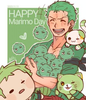 1boy :3 ^_^ animalization carrying cat character_doll closed_eyes doll green_hair green_kimono green_theme happy japanese_clothes kimono laughing male_focus marimo marimo_zoro minoko_sama one_piece plantification roronoa_zoro scar scar_across_eye scar_on_face short_hair solid_oval_eyes two-tone_background upper_body