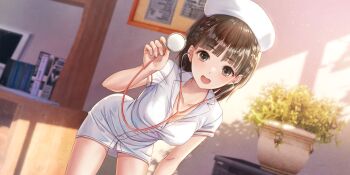 1girl :d bent_over blue_reflection_(series) blue_reflection_sun blunt_ends blurry blurry_background book braid breasts brown_eyes brown_hair bulletin_board cleavage collarbone computer cowboy_shot day dutch_angle game_cg hat highres holding holding_stethoscope hoshiya_kanna indoors kishida_mel medium_breasts medium_hair monitor non-web_source nurse nurse_cap official_art open_mouth paper partially_unbuttoned plant potted_plant shirt short_sleeves smile solo stethoscope twin_braids white_hat white_shirt wooden_desk