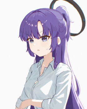 1girl absurdres blue_archive button_gap collared_shirt commentary_request film_grain half_updo halo highres korean_commentary long_hair long_sleeves mechanical_halo parted_bangs parted_lips purple_eyes purple_hair shirt simple_background solo sweat upper_body v-shaped_eyebrows white_background white_shirt yolo_(xhcs8428) yuuka_(blue_archive)