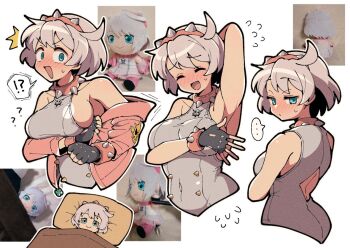 !? 1girl :d ^^^ ahoge arm_behind_head armpits black_gloves blue_eyes blush breasts character_doll choppy_bangs closed_eyes closed_mouth commentary_request doll elphelt_valentine fingerless_gloves gloves grey_hair grey_leotard guilty_gear guilty_gear_strive hairband itsuka_neru jacket jacket_partially_removed large_breasts leotard looking_at_viewer multiple_views open_mouth photo_inset pink_hairband pink_jacket short_hair smile speech_bubble spiked_hairband spikes spoken_interrobang white_background