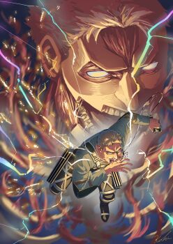 1boy armored_titan beard biting_hand black_pants blonde_hair blood blue_eyes facial_hair flashing full_body highres holding holding_weapon koki_ant long_sleeves looking_at_viewer midair pants paradis_military_uniform reiner_braun shingeki_no_kyojin signature solo three-dimensional_maneuver_gear titan_(shingeki_no_kyojin) transformation weapon