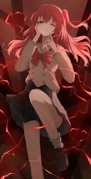 1girl absurdres achun bocchi_the_rock! bow bowtie brown_sailor_collar brown_shirt brown_shoes coin collared_shirt commentary_request electricity electrokinesis finger_to_cheek full_body green_eyes grey_skirt hand_on_own_cheek hand_on_own_face highres holding holding_coin kita_ikuyo knee_up long_hair long_sleeves loose_socks one_eye_closed one_side_up pleated_skirt railgun_(misaka_mikoto) red_bow red_bowtie red_hair red_theme sailor_collar school_uniform shirt shoes shuka_high_school_uniform skirt socks solo toaru_kagaku_no_railgun toaru_majutsu_no_index white_socks