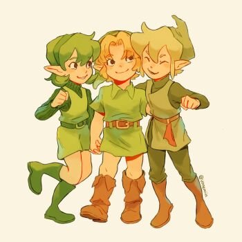 1girl 2boys artist_name belt blonde_hair boots brown_belt brown_boots closed_eyes closed_mouth commentary fado_(wind_waker) fold-over_boots green_belt green_boots green_hair green_hairband green_hat green_pants green_sweater green_tunic grin hairband hat highres in-franchise_crossover kokiri link long_sleeves multiple_boys nintendo pants pointy_ears revision saria_(zelda) short_hair simple_background smile sweater the_legend_of_zelda the_legend_of_zelda:_ocarina_of_time the_legend_of_zelda:_the_wind_waker tunic twitter_username vanemiin yellow_background young_link
